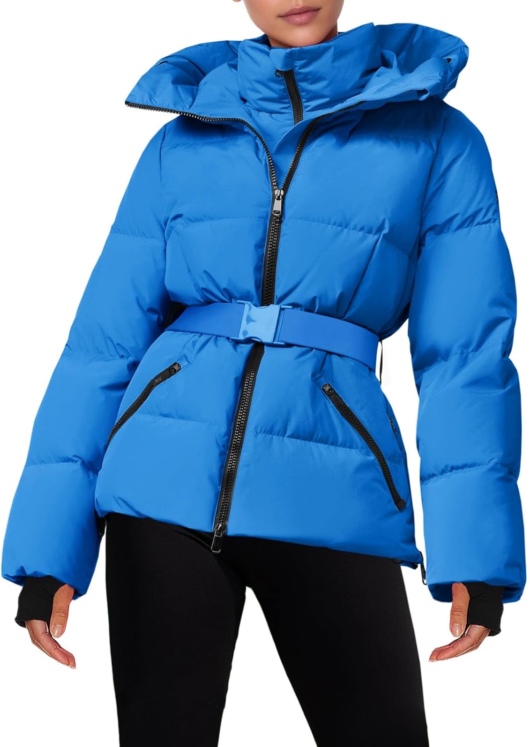 Women Ski Jacket Warm Hooded Insulated Waterproof Quilted Puffy Mountain Snow Winter Coat with Belt