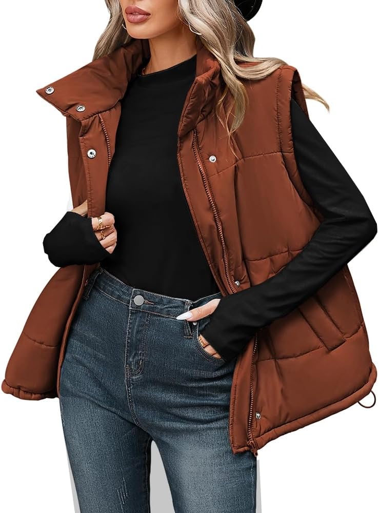 Women Oversized Quilted Puffer Vest Sleeveless Bubble Padded Stand Collar Zip Up Winter Warm Outerwear Jacket