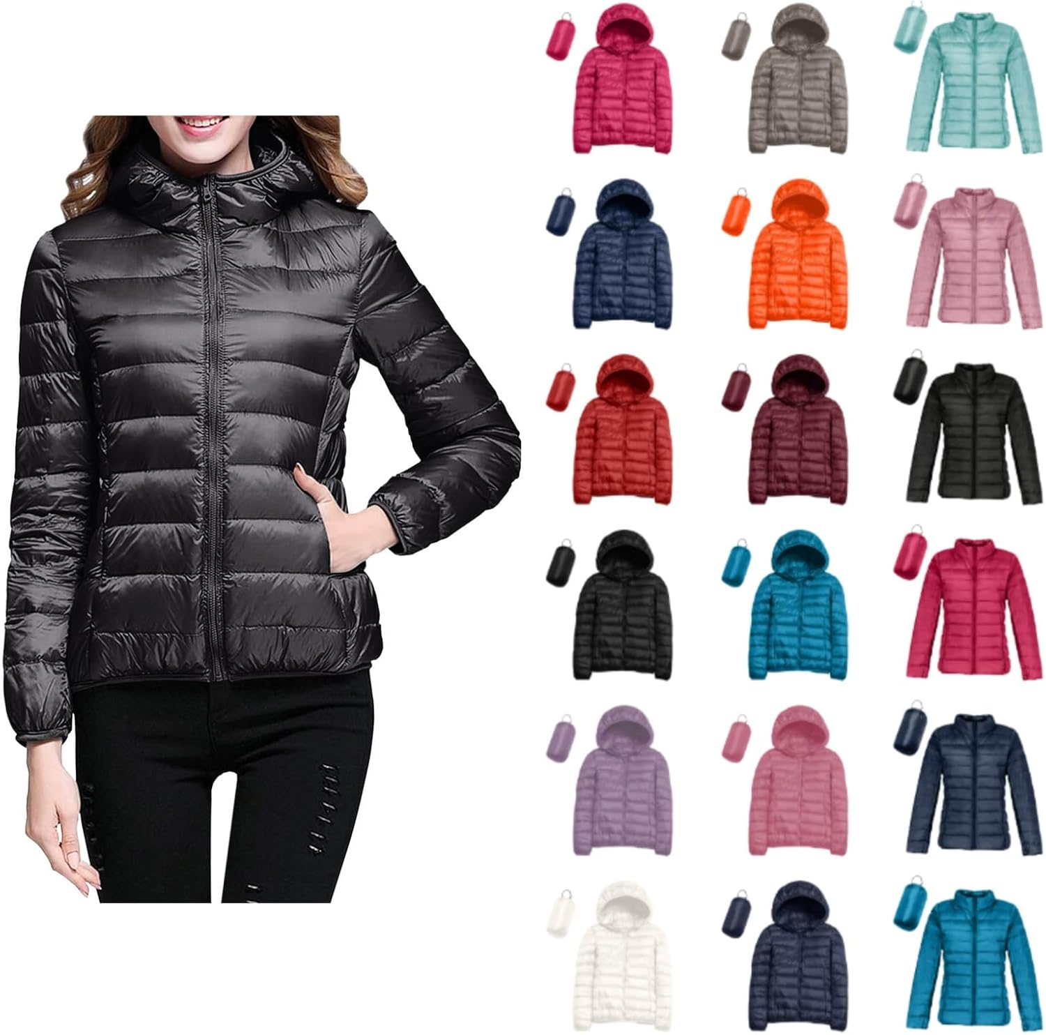 Lightweight Short Puffer Jacket for Women Zip Long Sleeve Packable Hooded Down Coats Slim Winter Warm Cropped Outwear