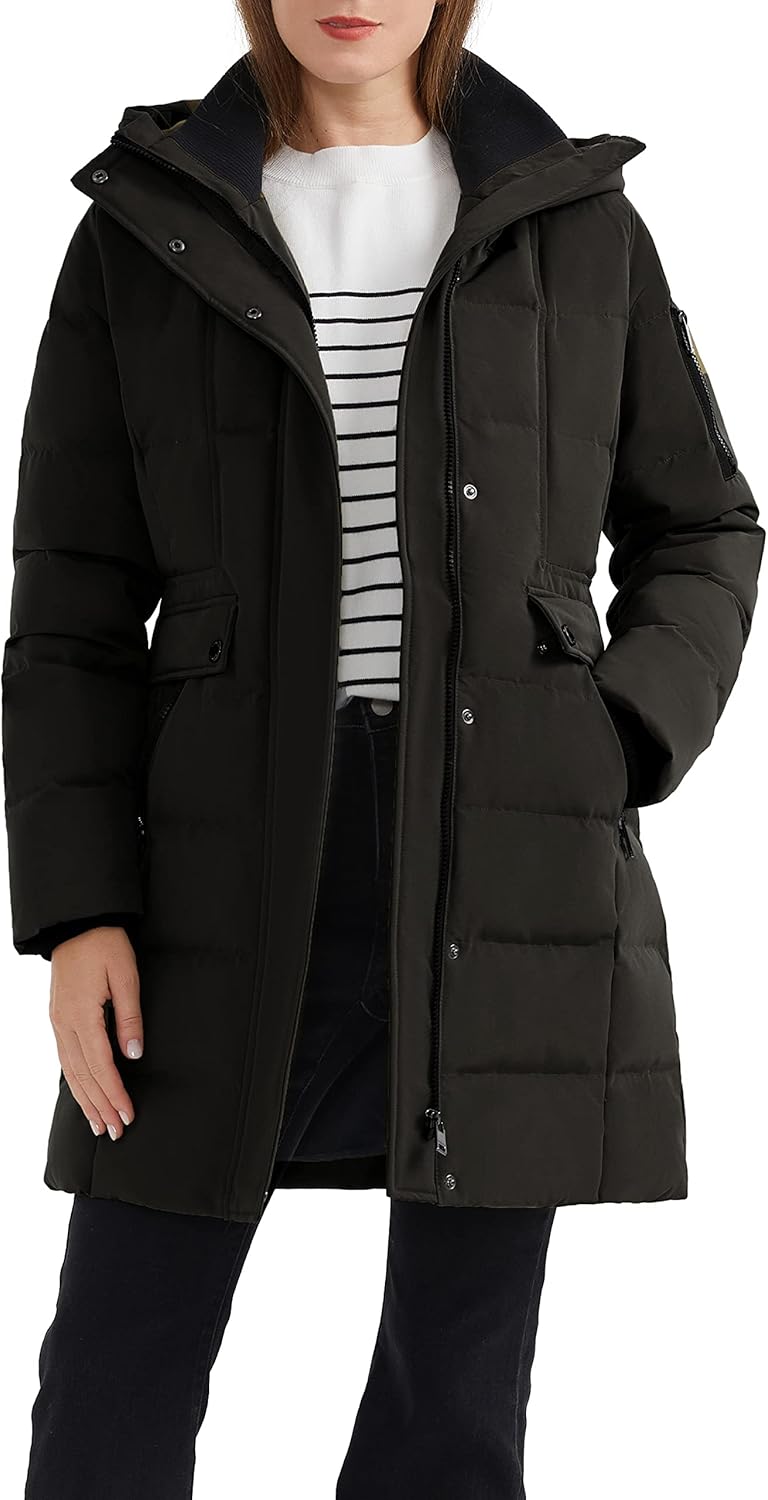 Women Hooded Winter Down Coat Quilted Mid Length Puffer Jacket